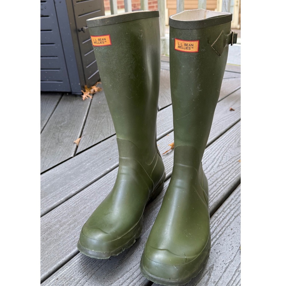 L.L. Bean Wellies Mens Tall Waterproof Rubber Boots Size 8 Green Pull-On Mudder